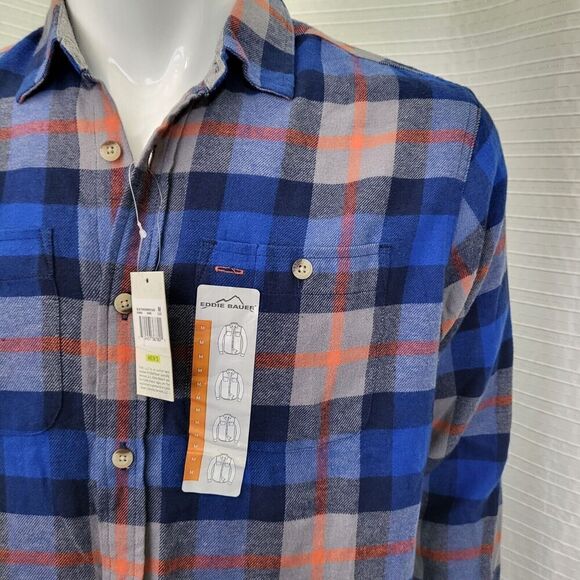 NWT Eddie Bauer Flannel Shirt Blue Orange Plaid Button Down Men's M - Picture 2 of 12